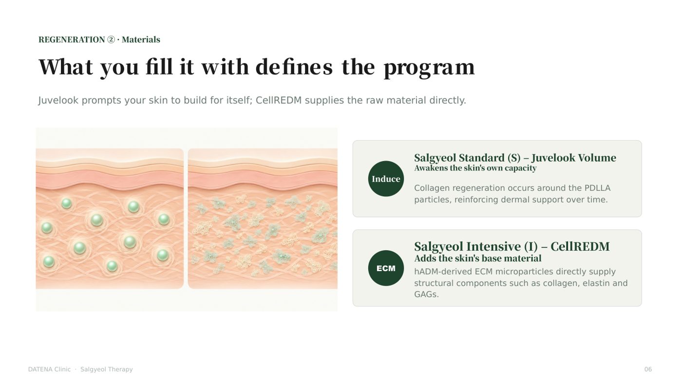 What you fill it with defines the program — Salgyeol Standard (Juvelook Volume) and Intensive (CellREDM) tiers